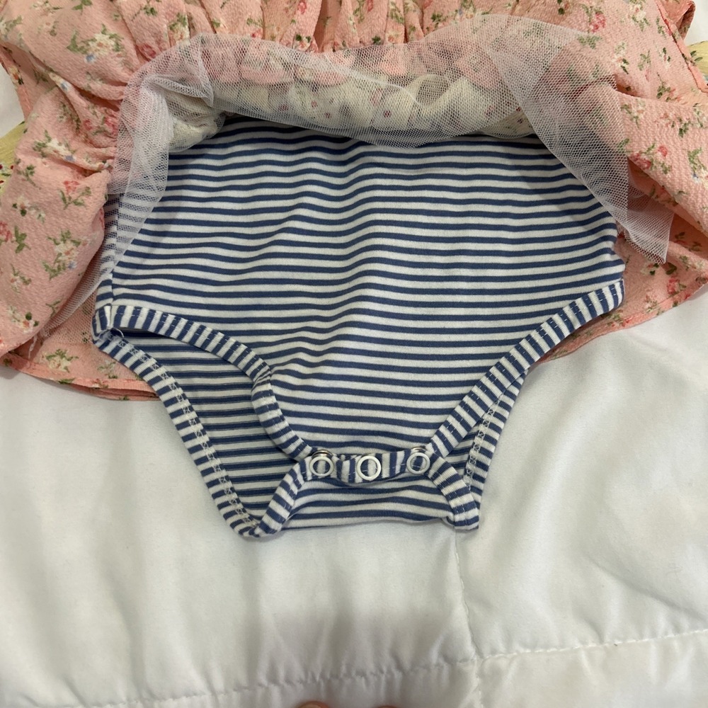 Bonnie Baby Flare Navy Striped Tulle Bow Dress Floral 3-6M Sleeveless - Picture 4 of 5